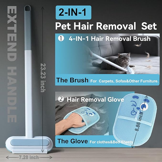 Pet Hair Remover Set – Removes Pet Fur from Carpets, Furniture & Car Seats For Cat & Dog, includes a 4-in-1 Hair Removal Brush (Extended Handle) & a Cartoon Magic Electrostatic Hair Removal Glove.