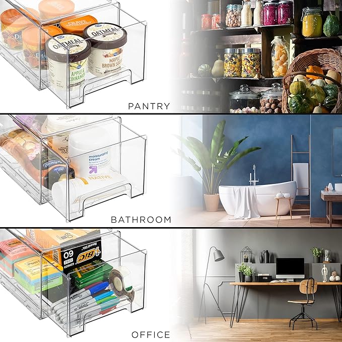 Sorbus Plastic Storage Bins Stackable Clear Pantry Organizer Box Bin for Organizing Kitchen Fridge, Food, Snack Pantry, Fruit, Vegetables, Bathroom, Wide & Narrow Deep (6 Pack)