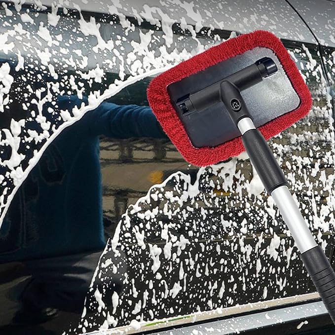 Ziciner Car Windshield Cleaner, Microfiber Auto Cleaning Wiper with Aluminum Extendable Handle and 2 Washable Reusable Cloth Pad Head, Universal Vehicle Interior Exterior Cleaner Kit (Red-Rectangle)