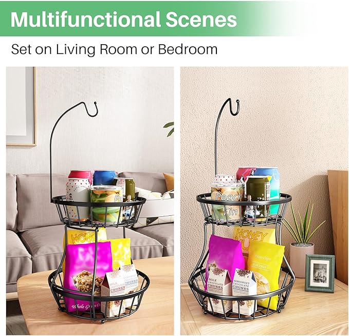 2-Tier Fruit Basket Bowl Stackable Vegetable Storage with Banana Tree Hanger Stand for Kitchen Countertop, Metal Wire Basket for Bread Onions Potatoes Black