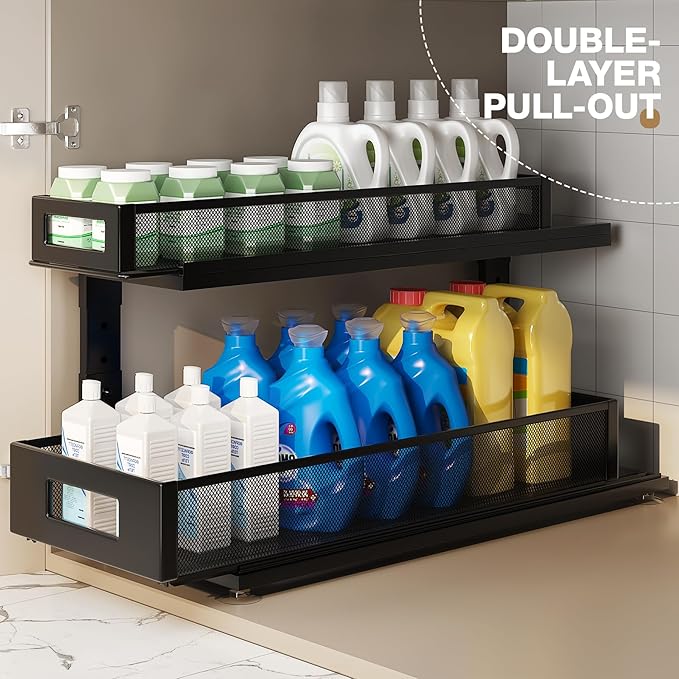 Corbyles 2 Pack 21.3IN-Depth Under Sink Organizer with Next-Gen Ball-Bearing Slides,2-Tier Pull Out Cabinet Storage,Height Adjustable Drawer Shelf for Bathroom,Kitchen,Laundry,Cabinet,Pantry-Black