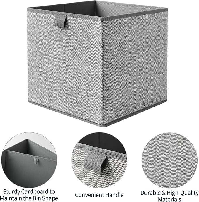 Storage Baskets, 11.8-Inch Woven Fabric Bins, Storage Cubes with Reinforced Handles, Organizer Bins for Closet Shelves, Foldable, for Toys, Clothes (3PCS/Grey-11.8*11.8*11.8inch)