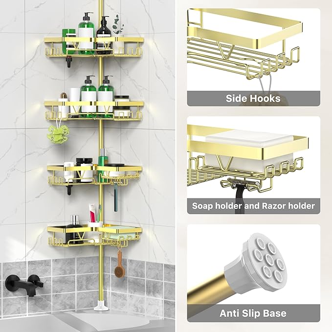 Shower Caddy Tension Pole - Gold Corner Shower Caddy Stainless Steel Bathroom Shower Organizer for Tub Tension Rod Corner Shower Shelves(22-114.2inch)