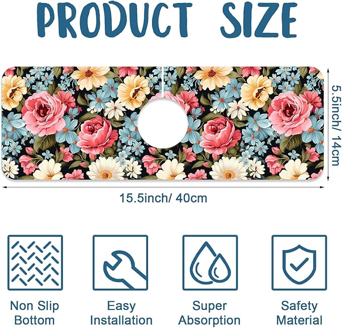 Colorful Flowers Sink Splash Guard Vintage Floral Faucet Absorbing Mat Fast Drying Mat Sink Gadgets Splash Guard Behind Faucet Drip Catcher for Kitchen Bathroom, 15.5"x5.5"