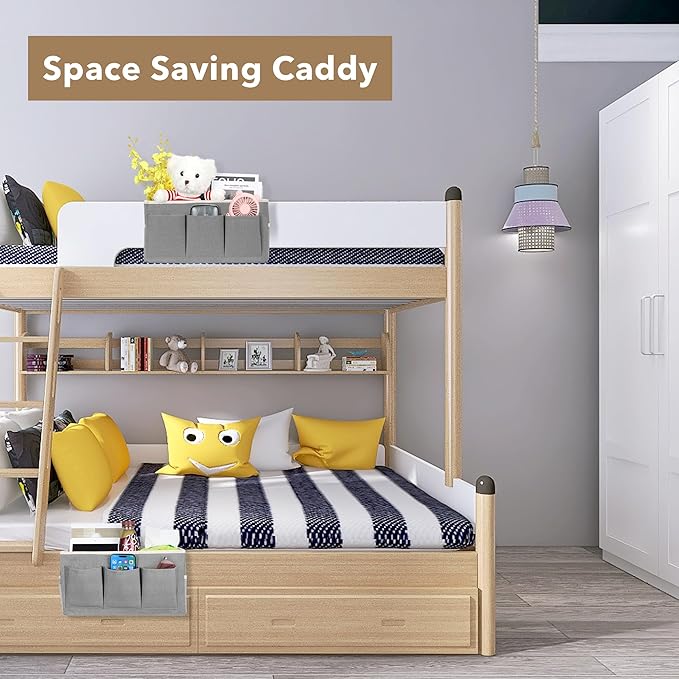 Kanrichu Beside Caddy Storage Organizer, Hanging Bag Holder with Pockets for Bedroom, Loft Bed Tent, Bed Curtain, Top Bunk bed Shelf Accessories Bedside Caddy 3-pocket (Gray_1pcs)