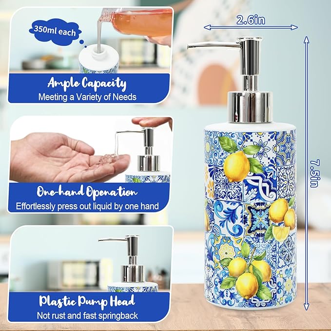 JarThenaAMCS Capri Lemon Soap Dispenser Blue Tile Yellow Lemon Glass Dispenser with Pump Refillable Liquid Soap Container for Summer Home Kitchen Bathroom Countertop