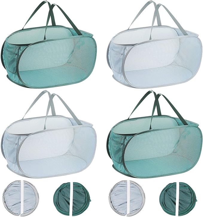 4PCS Mesh Laundry Hamper,Collapsible Laundry Baskets,75L Large Foldable Dirty Laundry Clothes Hamper Storage Basket Horizontal with Side Pocket&carry Handle for Home Travel grey Emerald