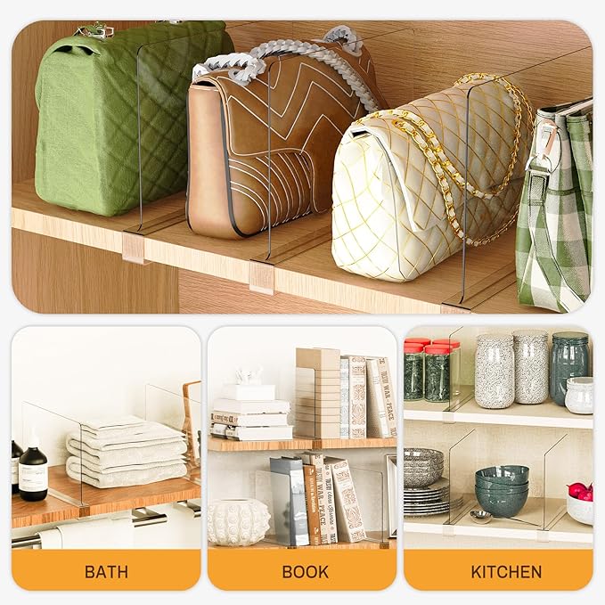 12 Pack Closet Shelf Dividers Organizer Purse Clothes Organization Acrylic Clear Tall Divider Separators for Wood Wire Thick Shelves Kitchen Office Bookshelf Storage Handbags Bag Sweater