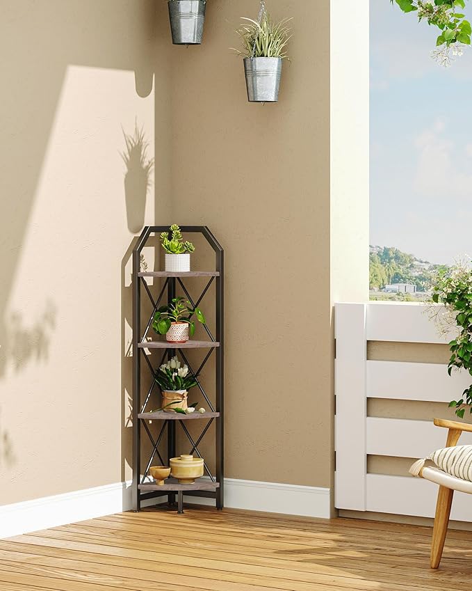 4-Tier Corner Shelf, Industrial Corner Bookshelf, 47.6" Corner Storage Stand, Plant Stand Display Shelf, Corner Bookcase for Bedroom, Living Room, Home Office, Greige and Black TCJ09BG