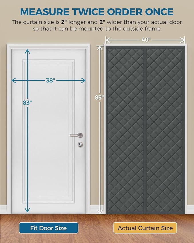 Magnetic Thermal Insulated Door Curtain Fits Door Size 38 x 83 Inch, Insulation Cover for Cold, Oxford Cloth Thicken Cotton Filled Blanket for Front Back Attic Door in Winter, Grey