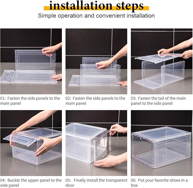 Attelite Shoe Box Organizer,Set of 6,Stackable Plastic Shoe Box with Clear Door, Shoe Storage Box Containers,For Display Sneakers,Easy Assembly,Fit up to US Size 12(13.4”x 10.6”x 7.4”)