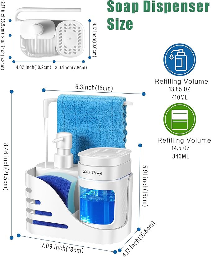 Kitchen Soap Dispenser Set, 4-in-1 Dual Hand and Dish Soap Dispenser with Sponge Holder and Dishcloth Holder for Kitchen Sink (White)