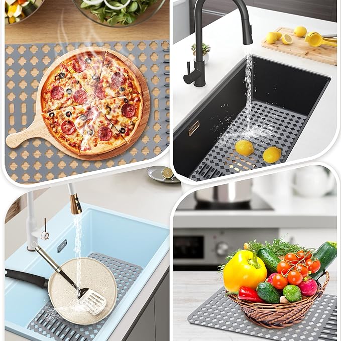 Kitchen Mat, Protectors for Sink 25"x13" Non-Slip Folding Grates for Bottom of Farmhouse Stainless Steel Porcelain Sink, DIY Silicone Can Be Cut to Any Size Grey-1 PCS