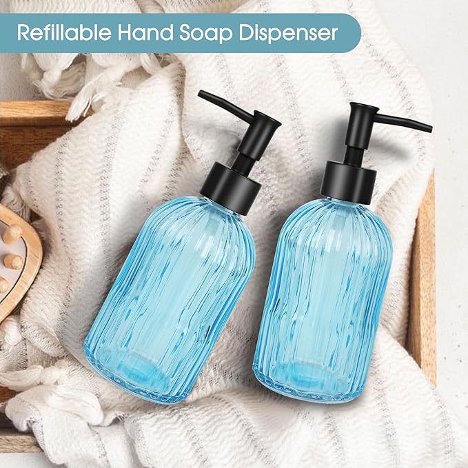 2 Pack Stripe Glass Soap Dispenser with Black Plastic Pump, 400ml Liquid Hand Soap Dispenser, Rustproof Pump for Kitchen & Bathroom, Great for Lotions, Essential Oil, Liquid Soaps- (Light Blue)