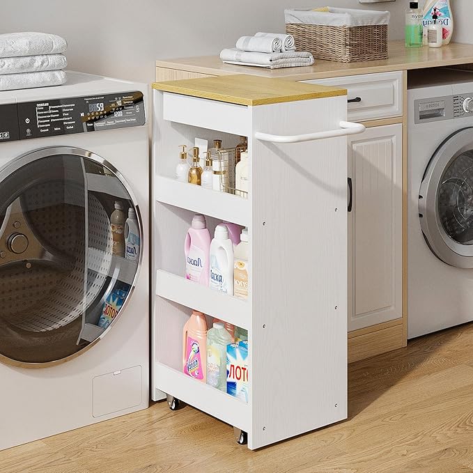 IRONCK Slim Storage Rolling Cart with Drawer and Wheels and Handle, 4 Tier Slide Out Utility Kitchen Cart for Small Spaces Kitchen Laundry Narrow Places, 11.8" D White
