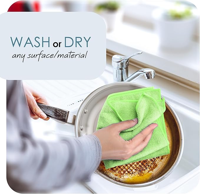 Hearth & Harbor Microfiber Cleaning Towels for Cars, 24 Pack Washcloths, Green Reusable Rags, Lint Free Cloth, 12x12 Inches