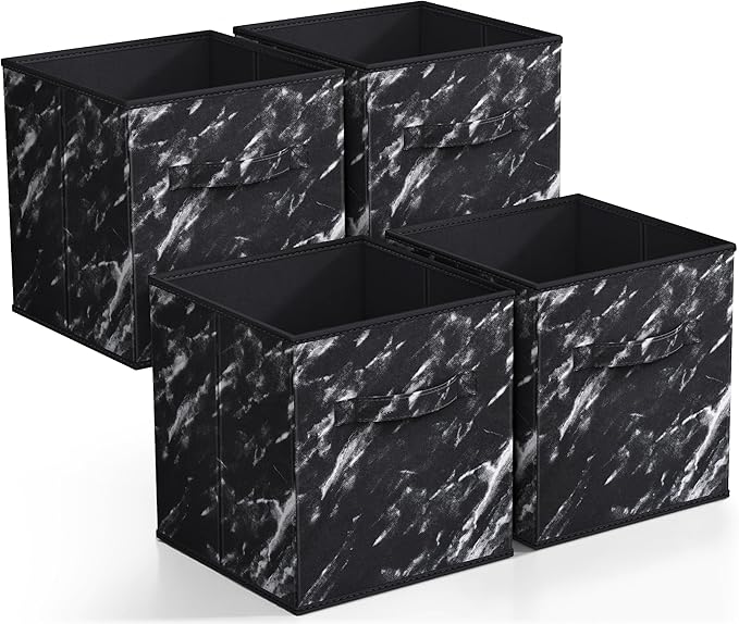 Sorbus Collapsible Fabric Storage Cubes - 11" Foldable Organization Baskets with Handle - 4 Black Marble for Pantry, Closet, Nursery, Dorm, Toy Storage