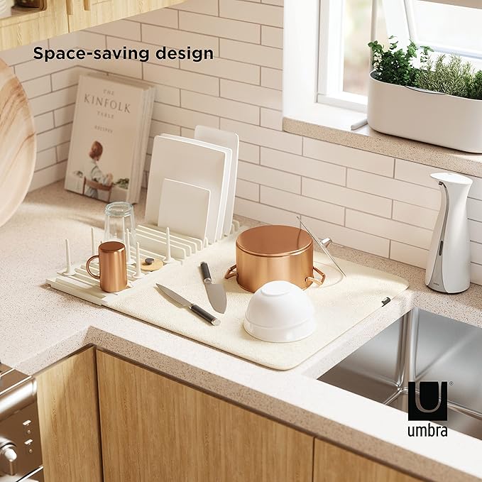 Umbra Udry Dish Rack with Movable Pegs and Microfiber Drying Mat – Space-Saving Design Folds Up for Easy Storage, Basic Rack, Linen