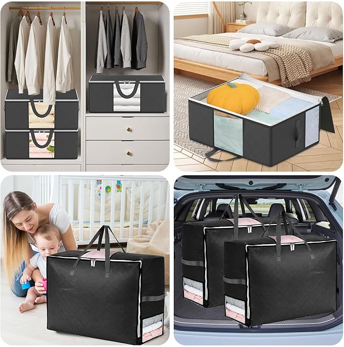 6Pack 105L Extra Large Blanket Comforter Storage Bags, Foldable Storage Bags for King Comforter Bedding Pillow Sheet Clothes with Handles Zippers Clear Window Closet Organizers and Storages, Black