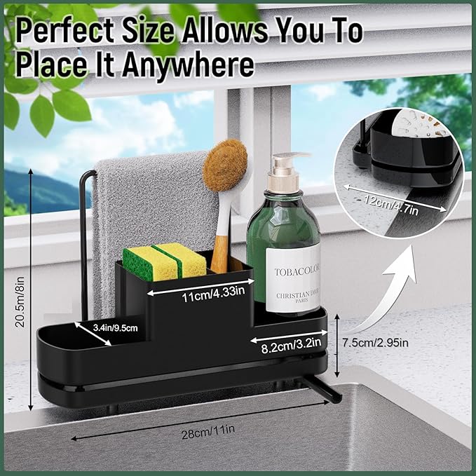 FUNKYLEE Sink Caddy Kitchen Sink Organizer, Black Kitchen Counter Organizer, Scrub Brush Holder, Plastic Sponge Holder for Dish Soap, Soap Dispenser, Sponge, Towel
