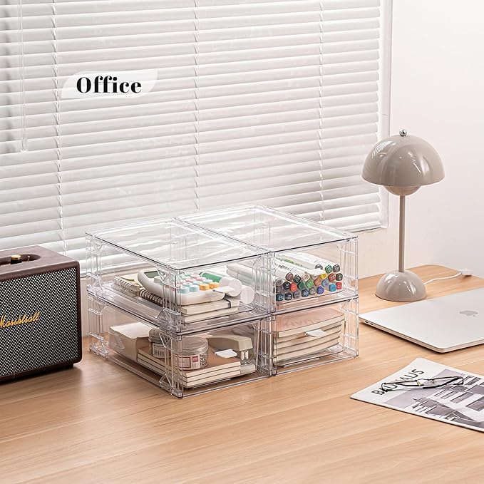4 Pack Stackable Storage Drawers, Plastic Clear Organizer Bins with Handles for Undersink, Kitchen Cabinet, Fridge, Closet, Pantry, Office, Bathroom
