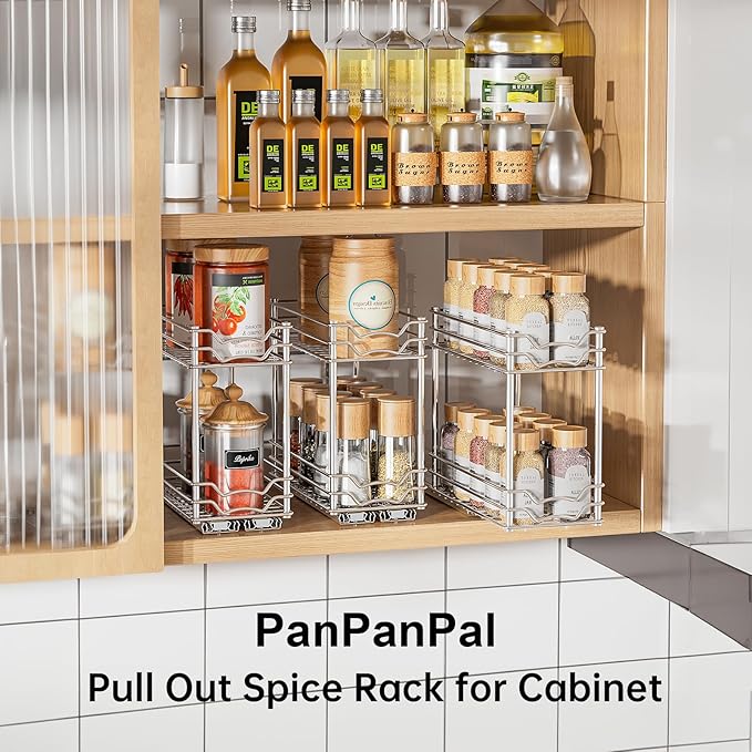 Pull Out Spice Rack Organizer for Inside Cabinet, 2 Tier Slide Out Spice Organization for Cabinet, Chrome Vertical Sliding Seasoning Organizer, 4.9'' Wx10.4'' Dx9.5'' H