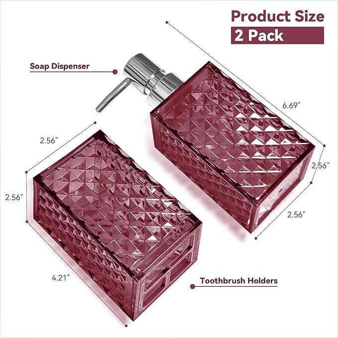 2PCS Burgundy Bathroom Accessories. Contain Soap Dispenser and Toothbrush Holder Set. Boho Bathroom Set for Blue Bathroom Décor