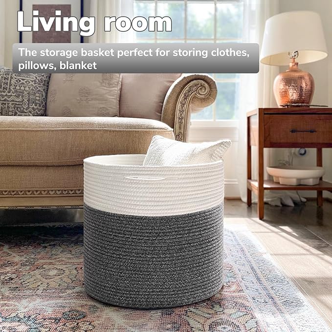 Goodpick Large Cotton Rope Basket, Blanket Basket Living Room 15.8"x15.8"x13.8" Baby Toy Storage, Woven Storage, Gray