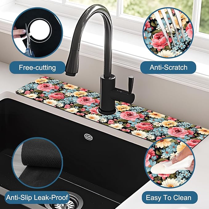 Colorful Flowers Sink Faucet Absorbing Mat Vintage Floral Super Absorbent Fast Drying Mat Sink Gadgets Behind Faucet Sinkmat for Kitchen Bathroom, 23.5"x5.5"
