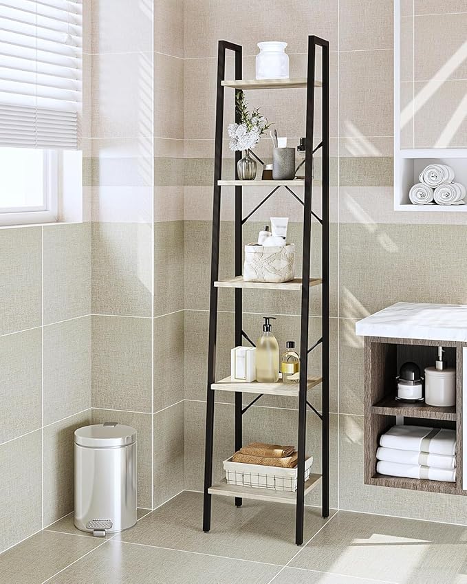 Ladder Shelf, Bookshelf Bookcase, Freestanding Corner Storage Shelve with 2 Hooks for Home Office, Living Room, Kitchen, Bedroom, Industrial, 11.8" D x 13.4" W x 63" H, Greige BC03205B