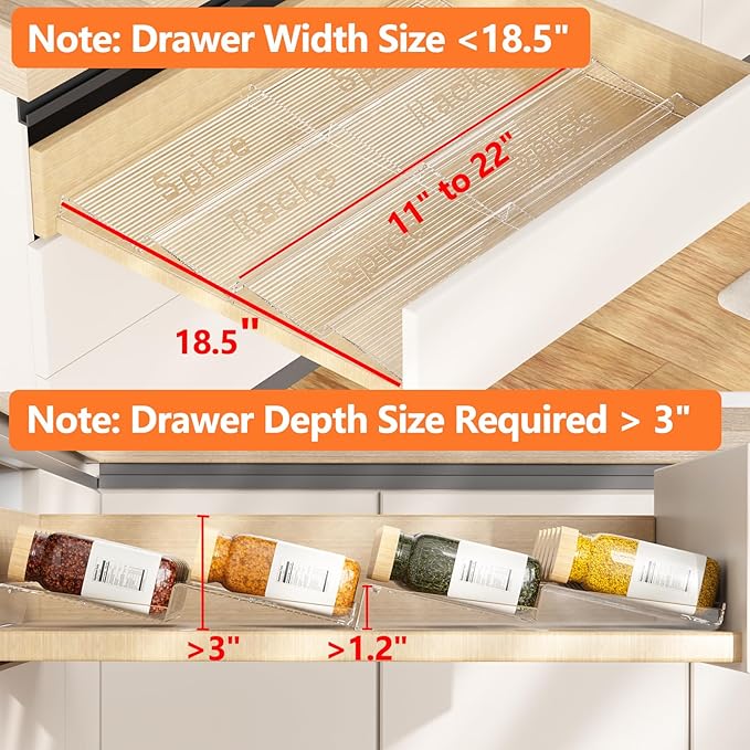 6 Pack Spice Drawer Organizer, 6 Tier Drawer Clear Seasoning Organizer, Extended From 11" to 22", Spice Rack Organizer for Drawer and Kithchen (Jars Not Included)