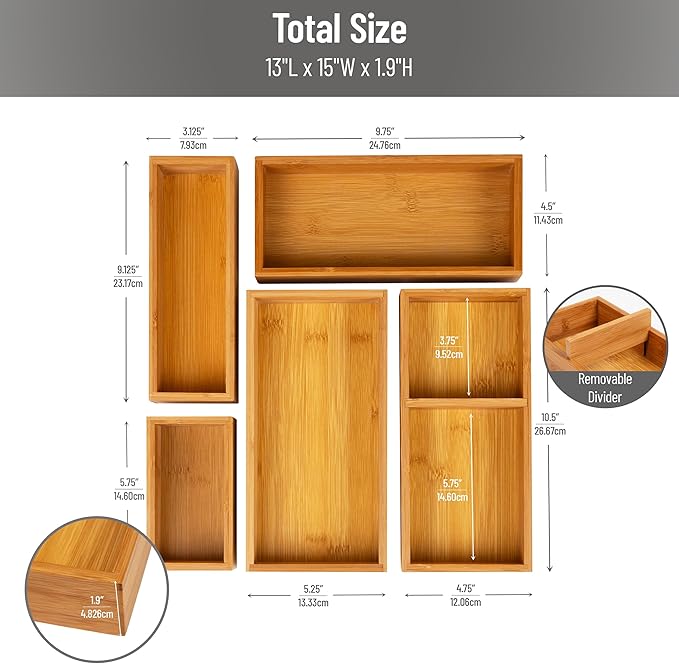 Mind Reader 7-Piece Bamboo Drawer Organizer Set, Storage Trays for Kitchen, Bathroom, Office, Makeup, Jewelry & More, Utensil Holder, Rayon from Bamboo, 21"L x 13.875"W x 2.375"H, Brown