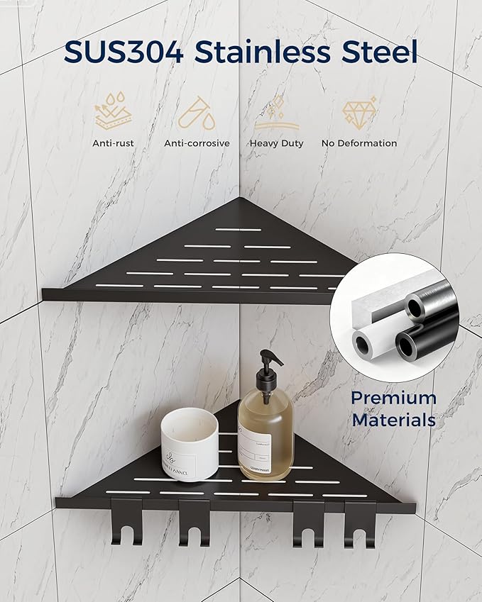 WZKALY Corner Shower Shelf 10'', 304 Stainless Steel Corner Shelf 2 Pack, Grout in Bathroom Shelves for Tiled Wall, Recessed Shower Shelves Caddy with 4 Hooks, No Drilling (Matte Black)