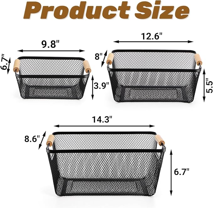 3 Pack Metal Mesh Basket with Wooden Handle, Farmhouse Wire Steel Storage Bins, Rectangle Fruit Vegetable Organizer Containers for Home Cabinet Pantry Kitchen Decor, Snack Gift (Black, 3 Size)