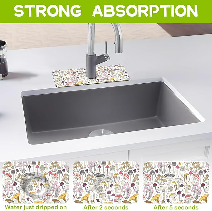 Kitchen Sink Splash Colorful Mushrooms Guard Faucet Mat Super Absorbent Fast Drying Mat Guard Behind Faucet Drip Catcher for Kitchen Bathroom, 15.5"X5.5"