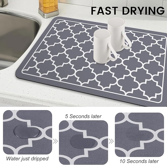 WISELIFE Dish Drying Mat Super Absorbent Drying Mat Large Dish Drying Mats for Kitchen Counter Easy Clean Dish Mat Kitchen Drying Mat16"x 24" Stylish Grey