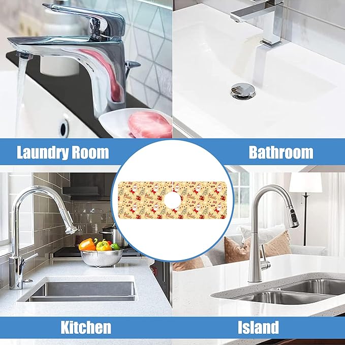 Chrismas Sink Splash Guard Faucet Mat Cute Christmas Absorbent Fast Drying Mat Sink Gadgets Splash Guard Behind Faucet Drip Catcher for Kitchen Bathroom 15.5"X5.5"