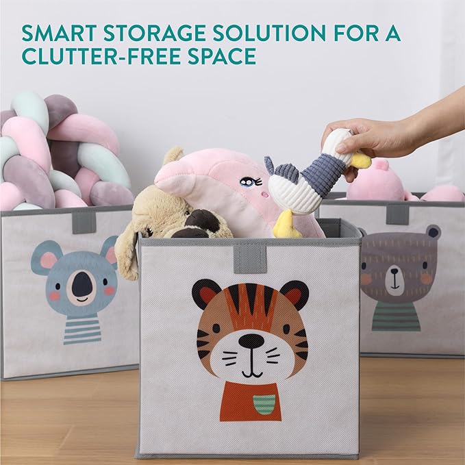 Navaris Kids Storage Cubes Set of 3 - Kids Cube Fabric Organizer Storage Bins - Foldable Cloth Cube for Childrens Bedroom Baby Nursery - Book Toy Bin Cubby Storage - Beige