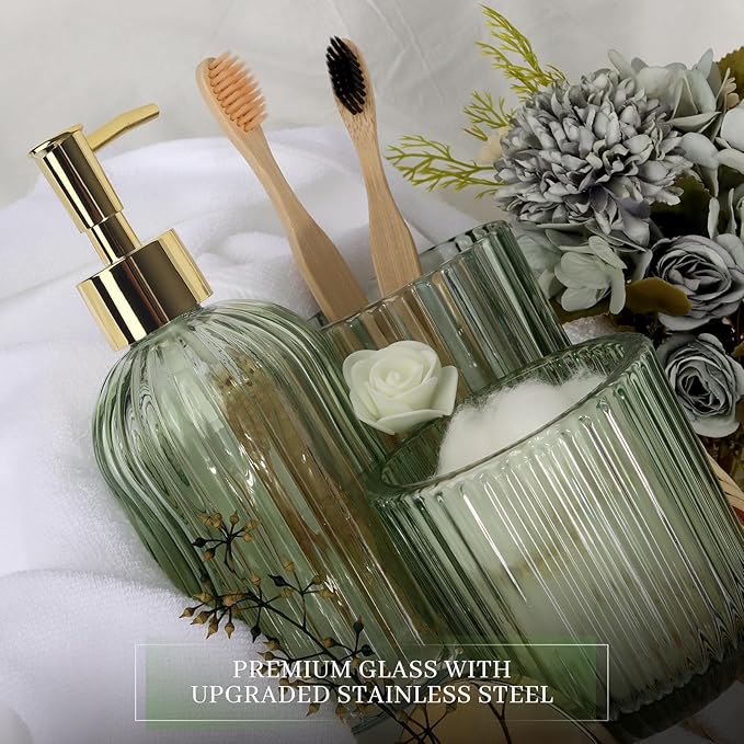 Designer Green Glass Bathroom Accessories Sets - 4 Pcs with Lotion Soap Dispenser, Bathroom Toothbrush Holder, Vanity Tray, and Apothecary Jar, Vintage Bathroom Decor, Gift Countertop Organizer