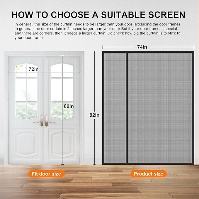Sliding Magnetic Screen Door with Track Closure, Thicker 265g/㎡ Reinforced Mesh, Retractable Privacy Curtain, Door Screen Magnetic Closure for Sliding & French Doors (Black, 72 * 80IN)