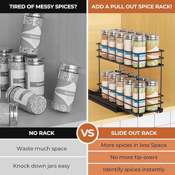 Pull Out Spice Rack Organizer for Cabinet, Slide Out Spice Racks, Easy to Install, 4.33" Wx10.43 Dx8.66 H, 1 Drawer 2 Tiers(Black)