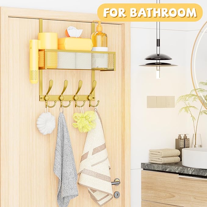 Kaiferty Over The Door Hooks Organizer,Over Door Hanger Towel Rack Mesh Basket with 12 Hooks,Back of Door Storage Organizer for Bedroom,Bathroom,Kitchen,Office(Gold)