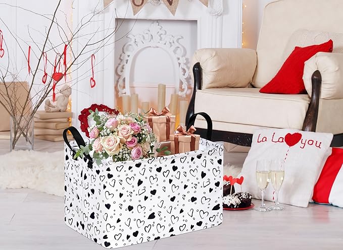 Girls Empty Gift Basket Heart Print Storage Cube for Women, Closet Shelf Organizer Bins with Handles Nursery hamper Kids Toys Books Box Room Deco