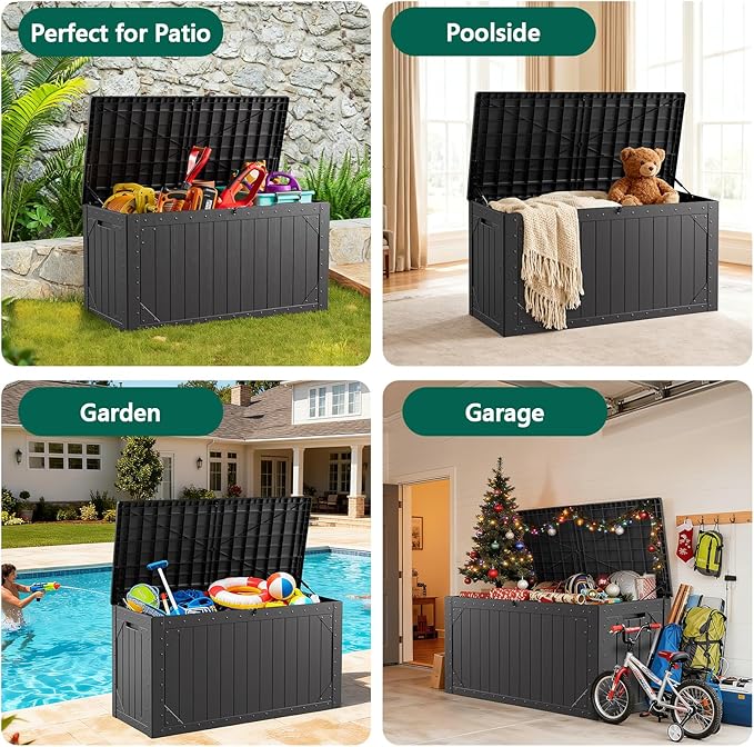 Outdoor Storage Box,100 Gallon Deck Box Outdoor Storage Bench Outside Waterproof Resin Storage Bench, Lockable Patio Cushions, Garden Tools Storage For Furniture, UV Resistant