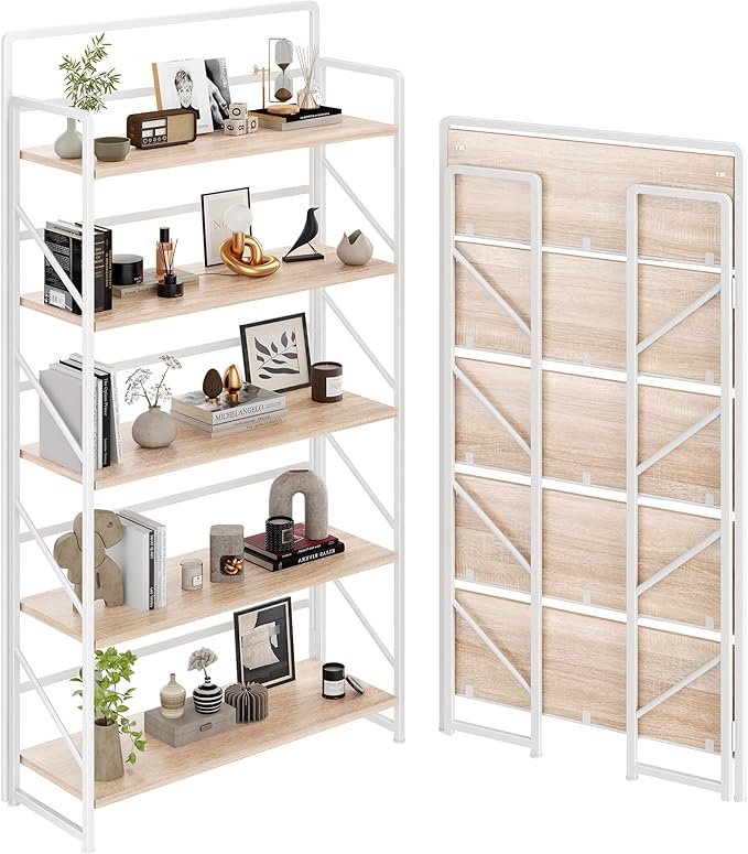 JSB Folding Bookshelf,Industrial Storage Shelves, No Assembly Vintage Wood Look Bookshelf with Storage Shelves for Living Room, Bedroom, Office (White, Wide 5-Tier)