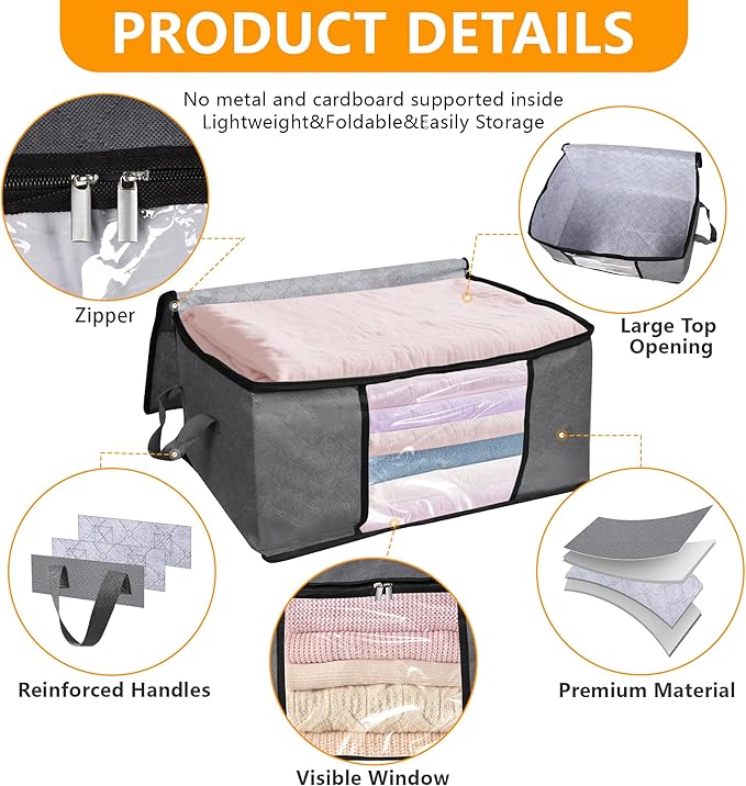 6 Pack Clothes Storage Bags with Zipper, Foldable Blanket Storage Box with Clear Window Reinforced Handles for Closet, Dorm, Pillows, Bedding, Sheet, Comforter, 45L Gray