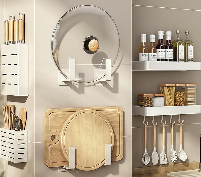 SEIDO Space-Saving Kitchen Utensil Holder | No-Drill Shelf Organizer | Wall Mount Spice Rack with Hooks | Space Aluminum | 12 Inch Long | White | 2-Piece Set