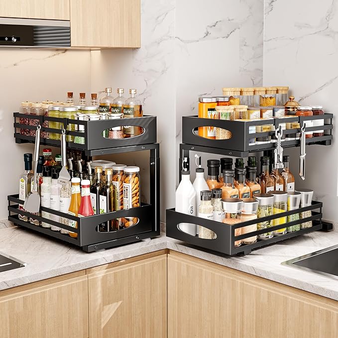 Under Sink Organizer, 2 Tier Under Sink Organizers and Storage, Adjustable Height, Slide out Metal Cabinet Organizers, Pull out Cabinet Storage Drawer Shelf for Kitchen Bathroom Black 2Pack