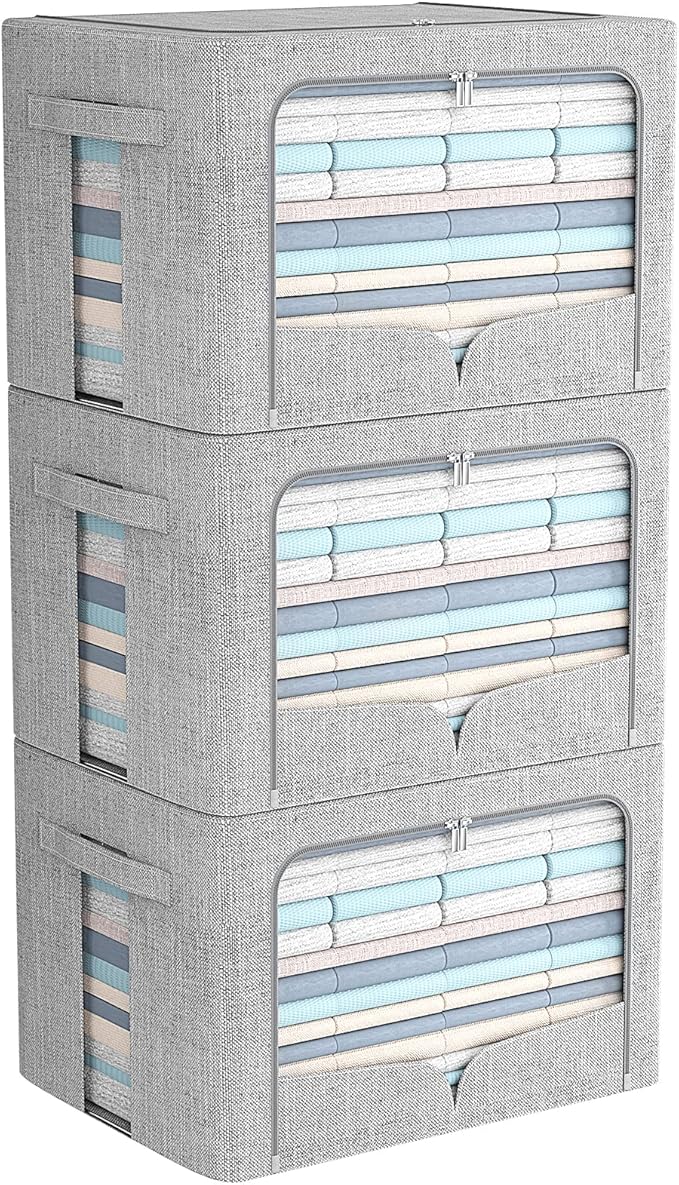 FHSQX 3 Pack Clothes Storage Bins Foldable Metal Frame Storage Box Stackable Linen Fabric Organizer Set with Carrying Handles and Clear Window (Light Gray, 15.7x11.8x11.8inch(36L))