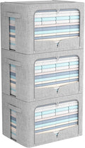 FHSQX 3 Pack Clothes Storage Bins Foldable Metal Frame Storage Box Stackable Linen Fabric Organizer Set with Carrying Handles and Clear Window (Light Gray, 15.7x11.8x11.8inch(36L))
